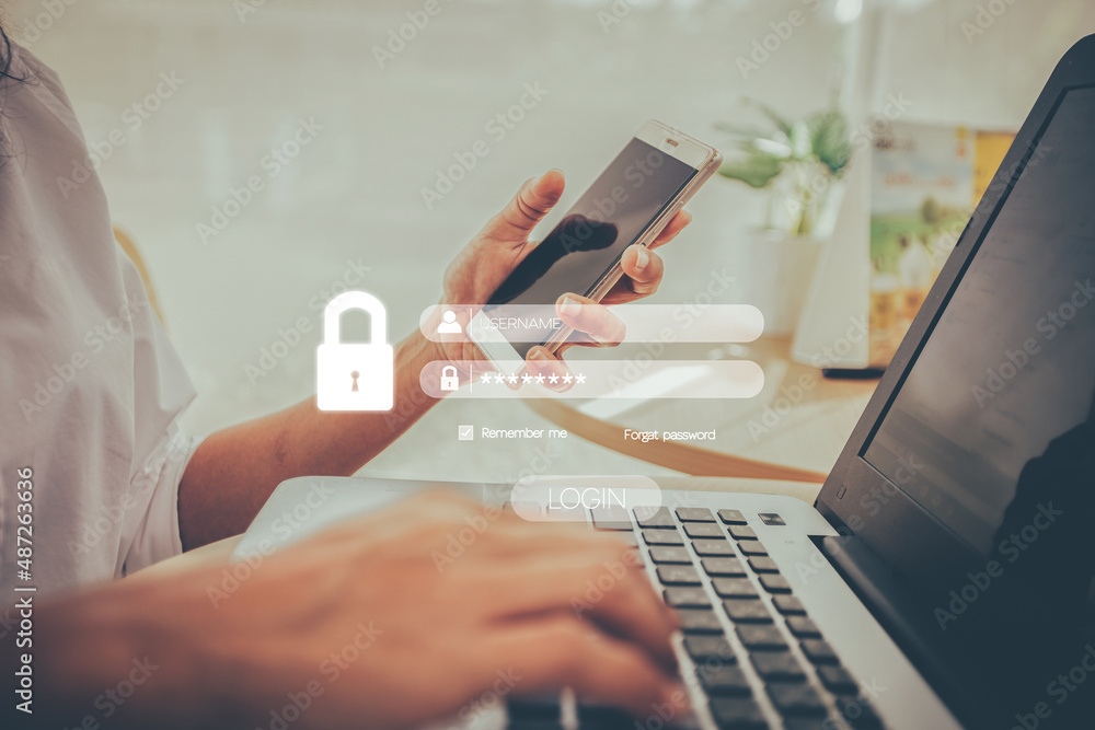 Poster businesswoman typing login and password cybersecurity concept data protection and secure internet ac