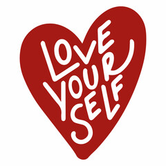 Red heart and inscription Love yourself vector flat illustration. Cute symbol for self acceptance with motivational quote isolated. Composition or sticker with slogan and design elements.