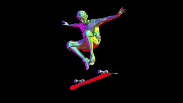 Colorful man jump with flipping skateboard. Looped animation with alpha channel.