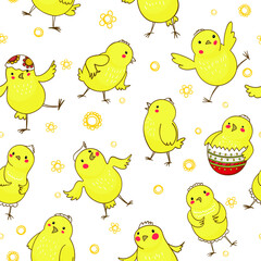 Seamless pattern with little chickens. 
Sketch texture on a white background. Colorful background for Easter and children's fabrics.