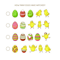 Educational mathematical children game. How many eggs have hatched? Easter eggs and funny chickens.