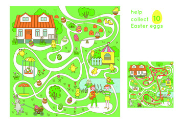 Help children collect 10 Easter eggs and take them home. Maze game with solution. Developing game for children.