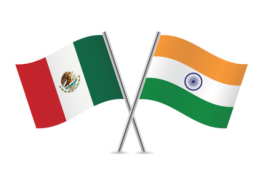 Mexico and India crossed flags. Mexican and Indian flags, isolated on white background. Vector icon set. Vector illustration.
