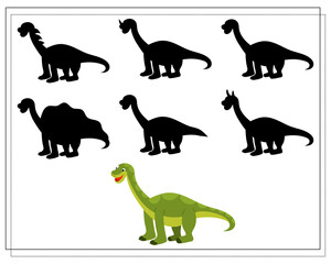 Children's logic game find the right shadow, cute cartoon dinosaur. Vector