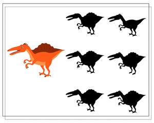 Children's logic game find the right shadow, cute cartoon dinosaur. Vector