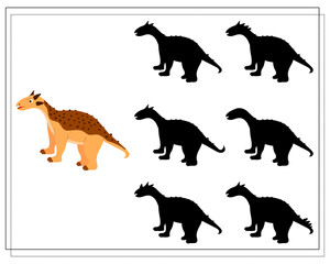 Children's logic game find the right shadow, cute cartoon dinosaur. Vector