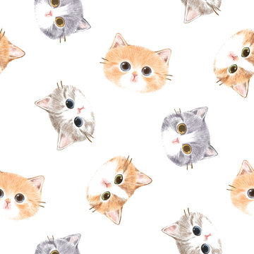 Seamless Pattern with Hand Drawn Pencil Cat Face Design on White Background