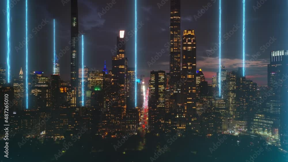 Poster city skyline with 5g data strings uploading information to satellites - 3d render