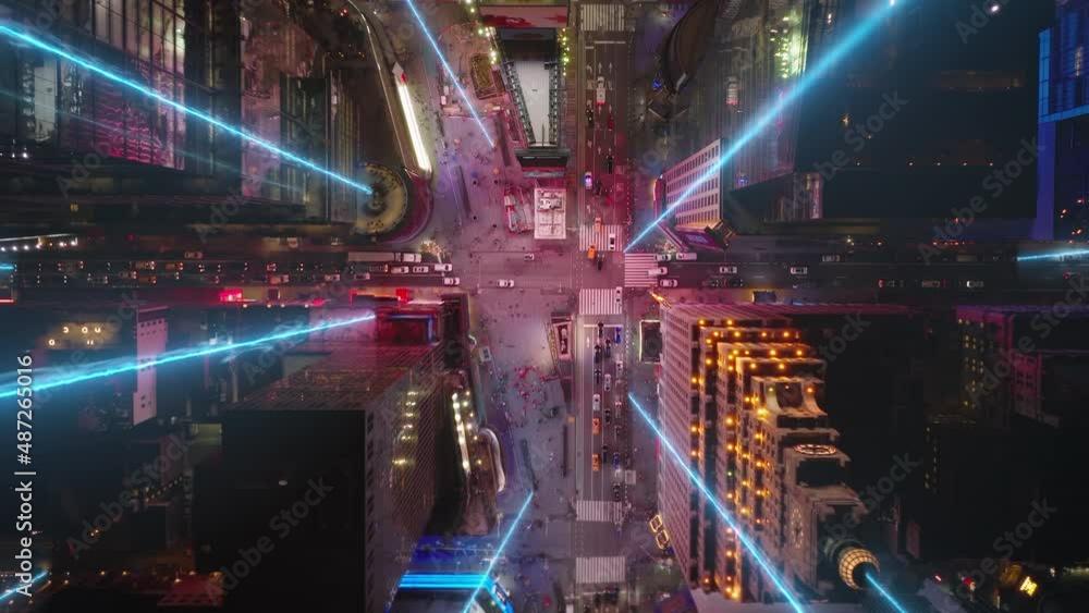 Poster top down view of network strings uploading data from city streets and buildings - 3d vfx