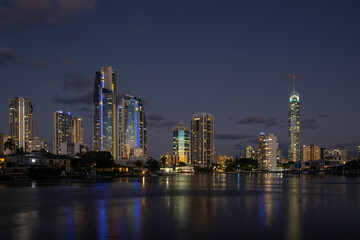 Fototapeta na wymiar City skyline across the water in the evening