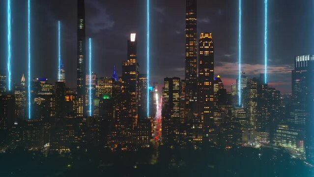 City skyline with 5g data strings uploading information to satellites - 3D render