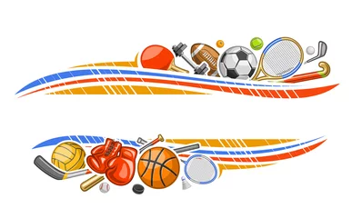 Zelfklevend Fotobehang Vector Border for Sports Equipment with blank copy space for text, decorative promo voucher with illustration of variety summer sport gear, red leather boxing gloves and golf club on white background © mihmihmal