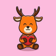 Cute deer hugging love heart cartoon icon illustration
