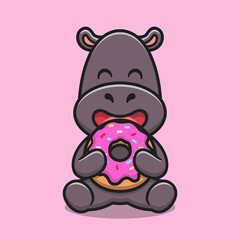 Cute hippo eating doughnut cartoon vector icon illustration