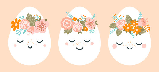 Set cute Easter eggs in pastel colors. Illustration Easter eggs characters with wreaths of flowers. Vector