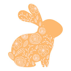 Silhouettes Easter rabbit with flowers. Illustration cute orange hair in flat style. Vector
