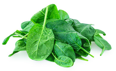 Spinach leaves isolated on white background. Fresh Spinach Closeup. Top view. Flat lay..