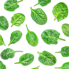 Spinach Pattern. Fresh Spinach baby leaves isolated on white background. Top view. Flat lay..