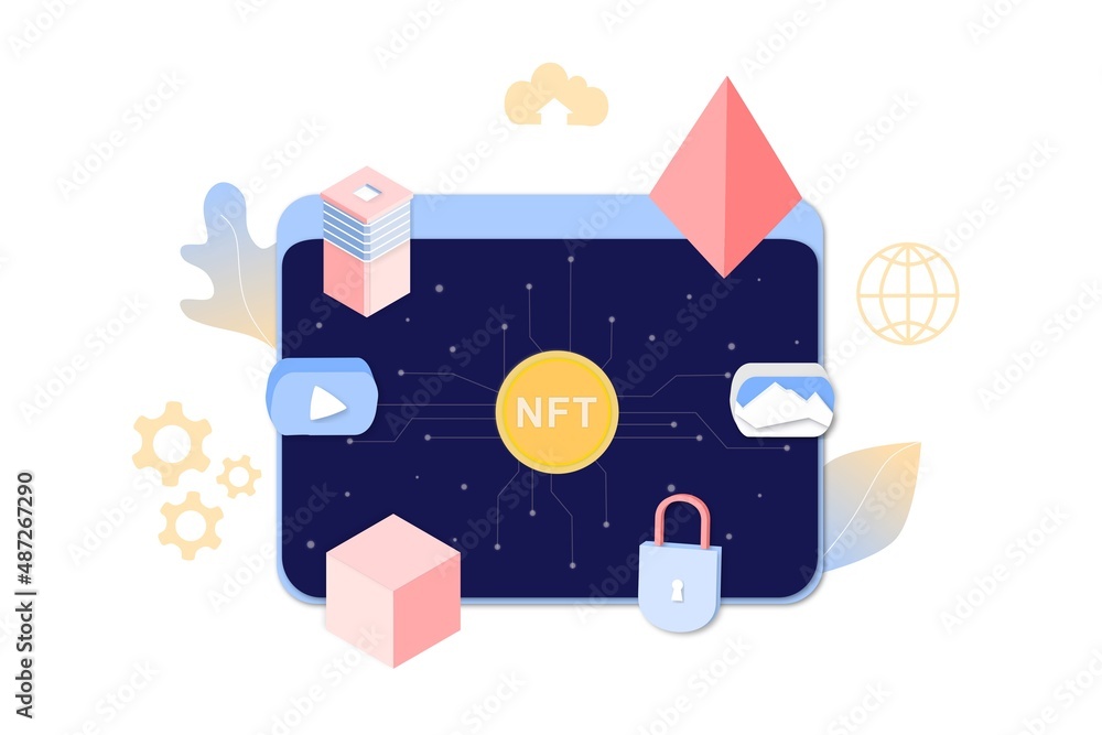 Poster nft non fungible token infographic with lines and dots network. pay for unique collectible in video,