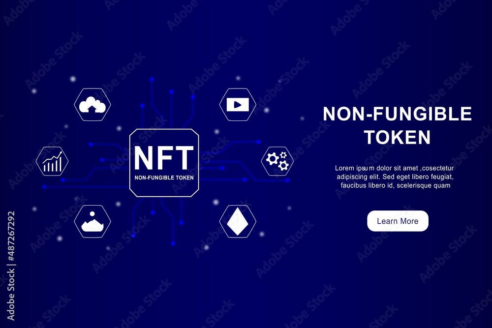 Poster nft non fungible token infographic with lines and dots network. pay for unique collectible in video,