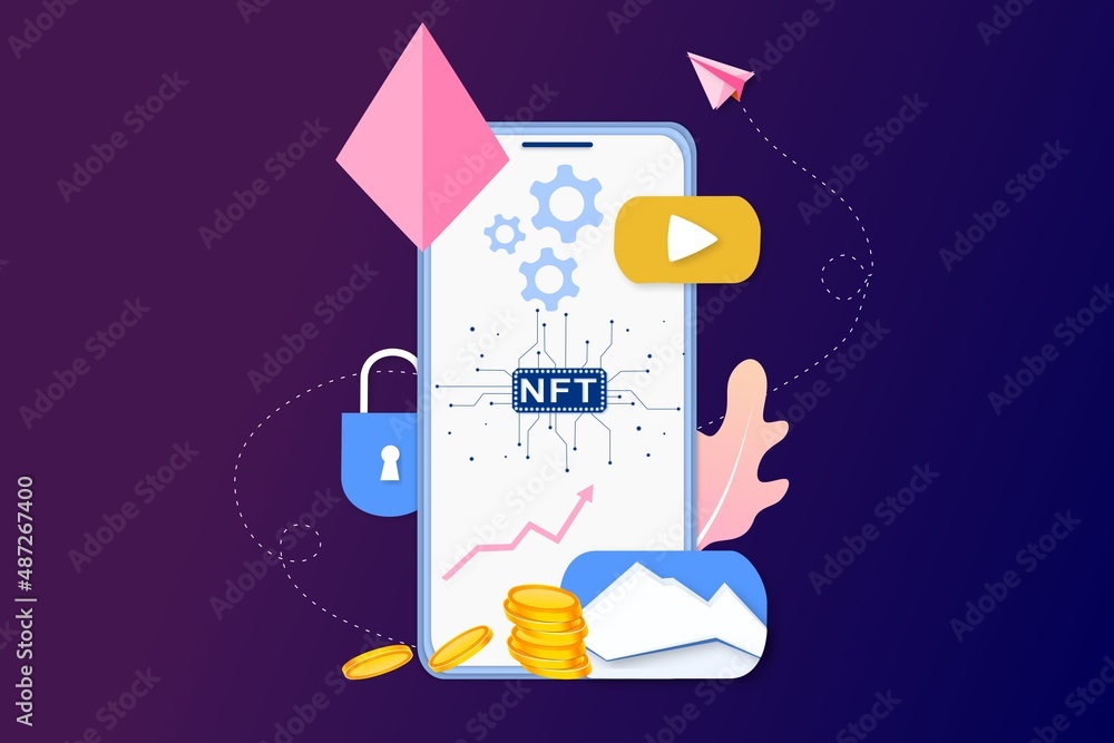 Poster nft non fungible token infographic with lines and dots network. pay for unique collectible in video,