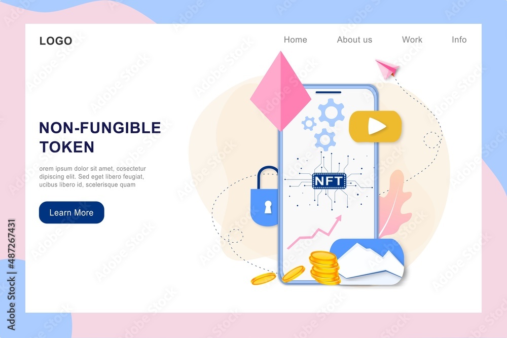 Poster nft non fungible token infographic with lines and dots network. pay for unique collectible in video,