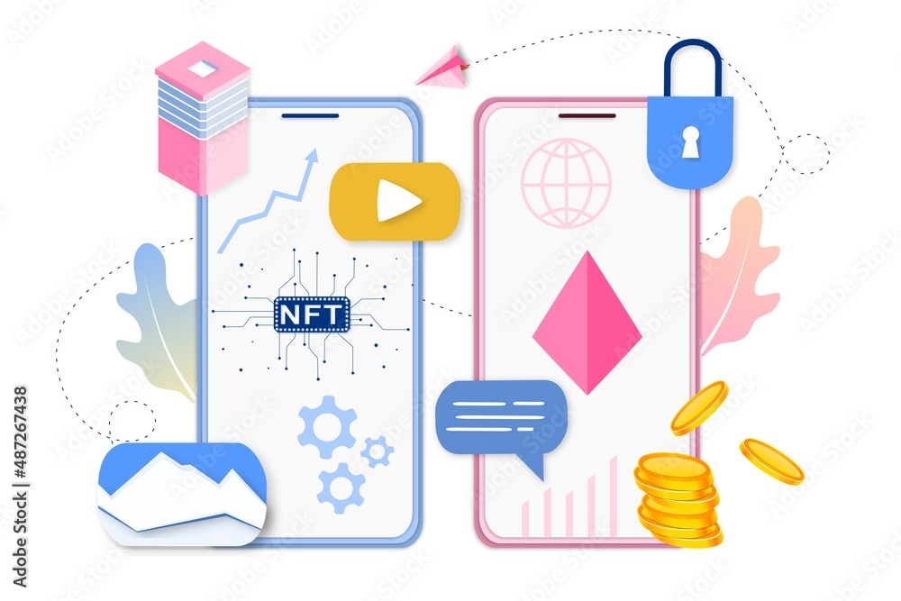 Poster nft non fungible token infographic with lines and dots network. pay for unique collectible in video,