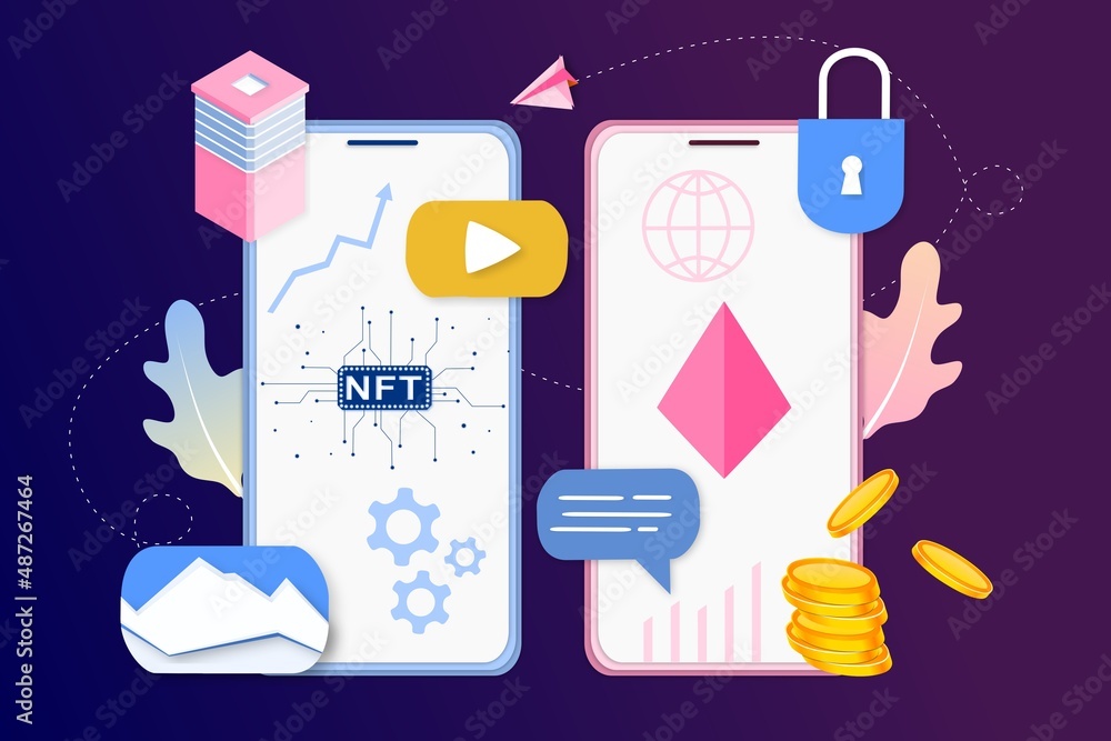Poster nft non fungible token infographic with lines and dots network. pay for unique collectible in video,