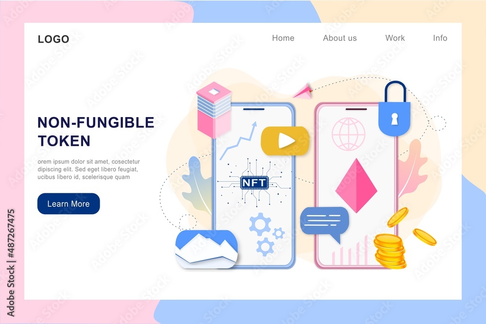 Poster nft non fungible token infographic with lines and dots network. pay for unique collectible in video,