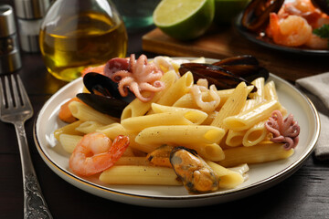 Delicious pasta with seafood served on wooden table, closeup