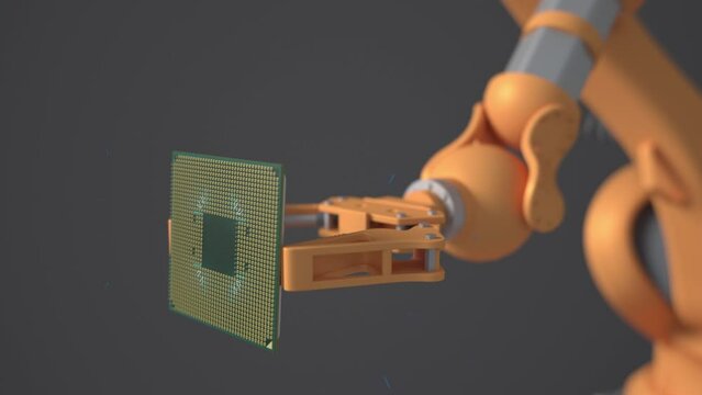 VFX Animation Concept: Modern Authentic Robot Arm Holding Contemporary Super Computer Processor Smoothly Moving into Focus.CPU Microchip Digitilizes and Sends Data Power Lines with Computer Vision.