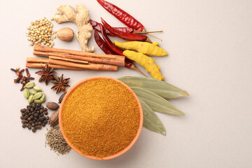 Fototapeta na wymiar Curry Masala Powder with ingredients, this is a common spice ,curry powder in Indian kitchen