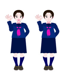 OKサインをするセーラー服の女学生