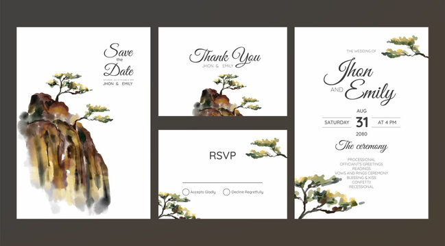 wedding invitation with mountain view watercolor background