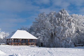 Szczyt góry Ślęży zimą. Ślęża pokryta śniegiem. Kościół na Ślęży zimą pokryty śniegiem. Zimowy krajobraz Ślęży pokrytej śniegiem. Miś Ślężański zimą. Słowiańskie rzeźby kultowe na Ślęży