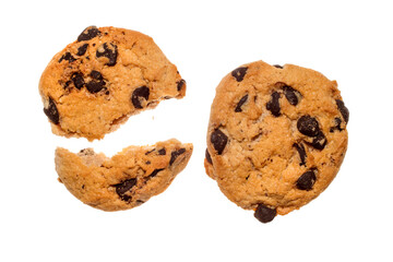 Two cookies with chocolate chips. A whole and broken cookie on a white background.