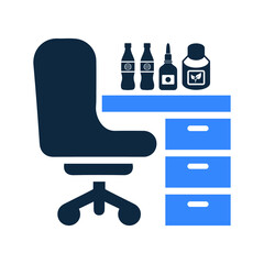 Office, bottles, chair, desk icon. Simple editable vector design isolated on a white background.