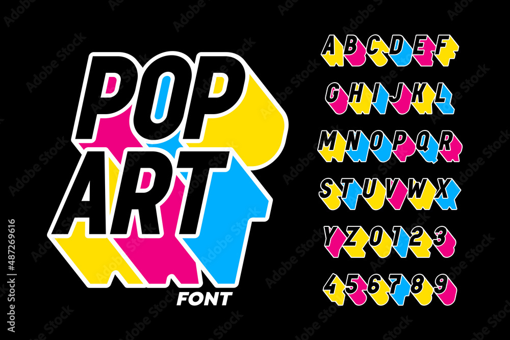 Poster pop art style font design, alphabet letters and numbers vector illustration