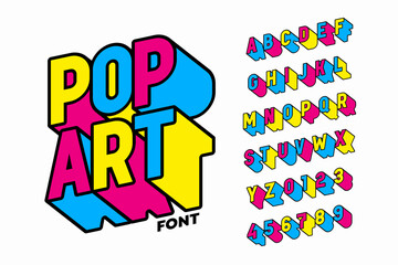 Pop art style font design, alphabet letters and numbers vector illustration - obrazy, fototapety, plakaty