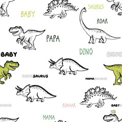 Doodle dinosaur background. Seamless pattern with dino family: stegosaurus, baby tyrannosaur, triceratops, roar brachiosaurus. Funny Dino collection. Textile design for children on white background.