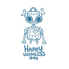 Valentine's day vector card with cute cartoon robot. Cheerful character in love. Doodle cartoon print.
