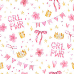 Cute seamless pattern with pink party elements. Bright hand-drawn texture for decoration, invitations, greeting cards