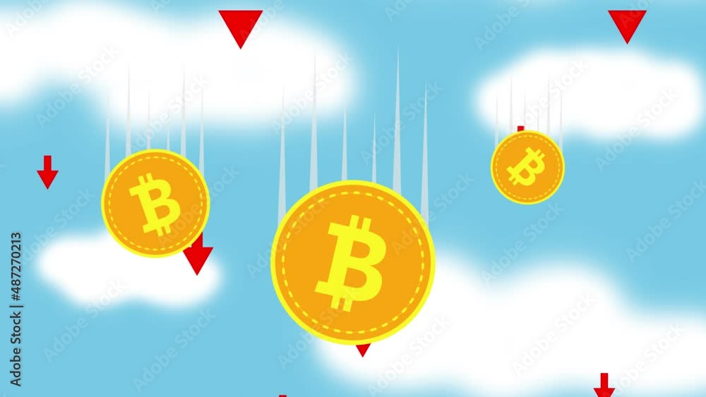 Poster btc coins falling in the sky. concept of bitcoin loss of value in 2d animation.