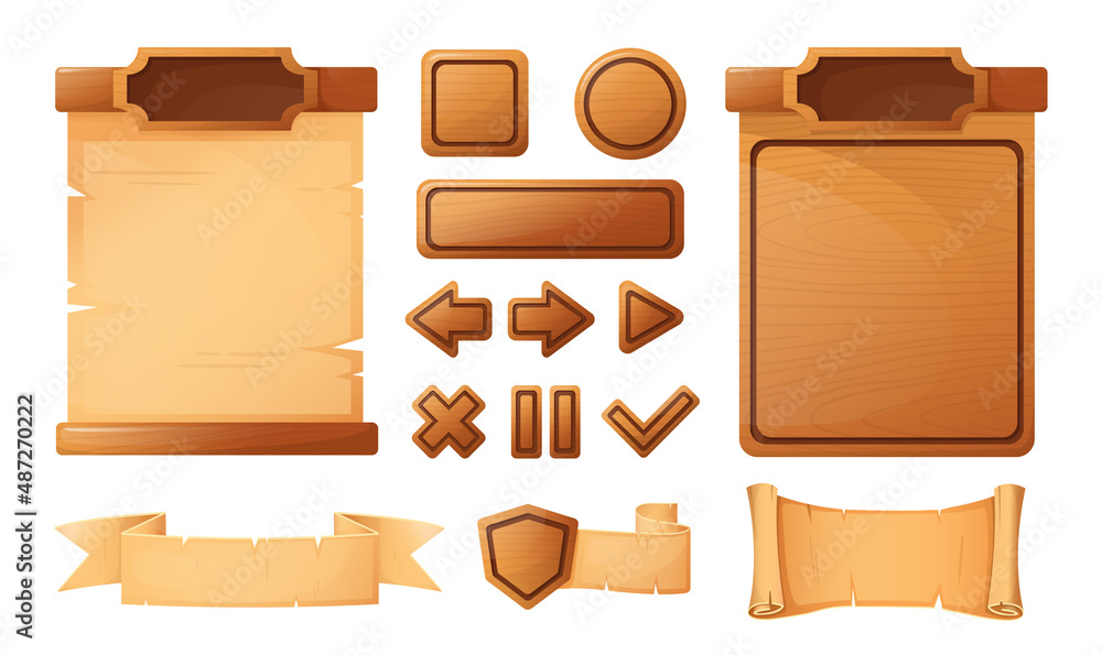 Wall mural wooden buttons for game user interface, user interface elements isolated on white background. vector
