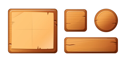 Wooden board with parchment paper in cartoon style. Graphical user interface, signboard.