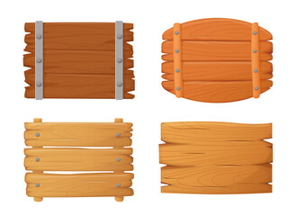 Wooden signs, signs in cartoon style. Rustic board in cartoon style. Game user interface elements.