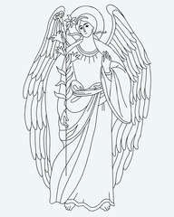 Archangel Gabriel with lily. Heavenly messenger. Vector illustration.Religious outline Hand Drawing for Catholic and Orthodox Holidays Saint Archangel Gabriels Day Angel of Revelation and Annunciation