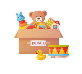Donation box with children's toys. charity concept vector illustration