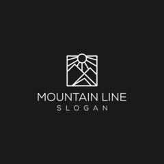 Mountain landscape geometric logo with sun Sunset or sunrise rectangular abstract icon