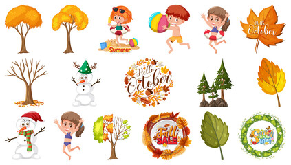 Set of four seasons trees and nature objects